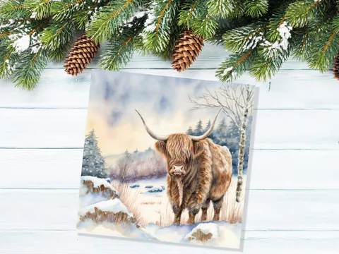 Highland Cow Cards Watercolour Winter Snow Scene Scottish Highlands Scenery Landscape Painting Cards Xmas 2026 Greetings Thank you Hairy Coo - View 5