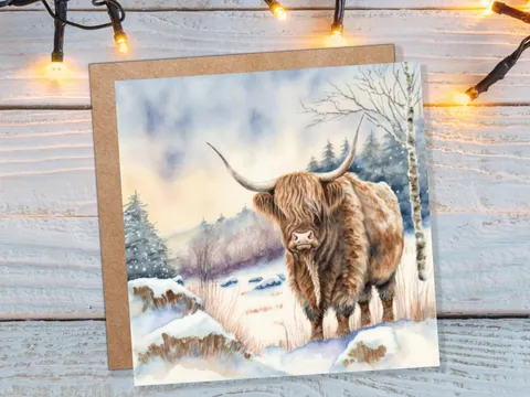 Highland Cow Cards Watercolour Winter Snow Scene Scottish Highlands Scenery Landscape Painting Cards Xmas 2026 Greetings Thank you Hairy Coo - View 2
