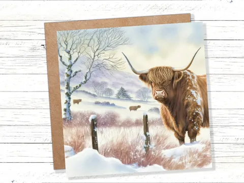 Highland Cow Winter Card – Snowy Meadow - View 3
