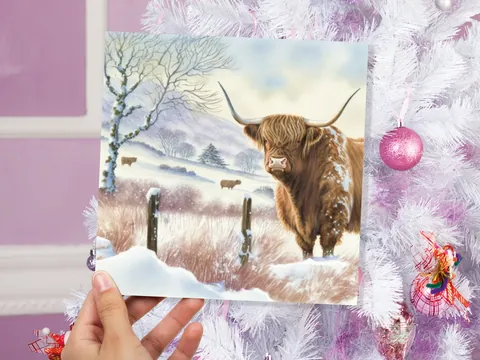 Highland Cow Winter Card – Snowy Meadow - View 4