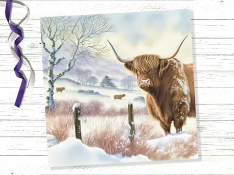Highland Cow Winter Card – Snowy Meadow - View 7