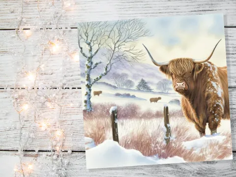 Highland Cow Winter Card – Snowy Meadow