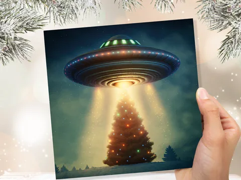 Alien Christmas Card Funny UFO Spaceman Spaceship Christmas Tree Abduction Beam Me Up Ironic Fun Xmas Greetings Card For Family Friends 2026