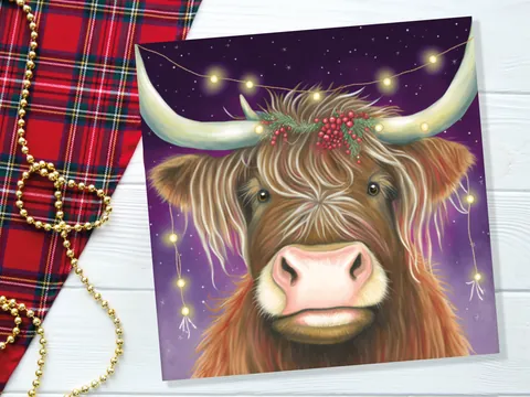 Highland Cow Card Heilan Muckle Coo with Fairy Lights Magical Night Purple Scotland Scottish Greetings Family Friends Xmas 2026 Thank You
