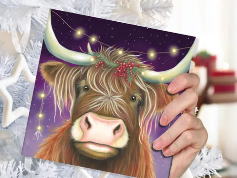 Highland Cow Card Heilan Muckle Coo with Fairy Lights Magical Night Purple Scotland Scottish Greetings Family Friends Xmas 2026 Thank You - View 6