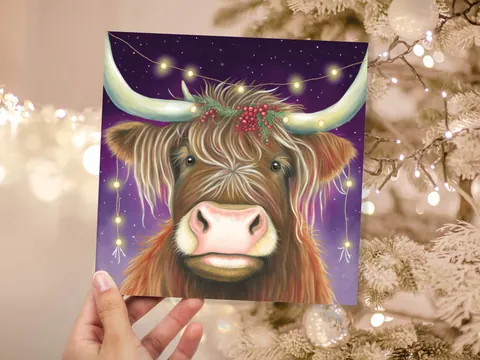 Highland Cow Card Heilan Muckle Coo with Fairy Lights Magical Night Purple Scotland Scottish Greetings Family Friends Xmas 2026 Thank You - View 4
