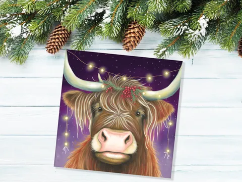 Highland Cow Card Heilan Muckle Coo with Fairy Lights Magical Night Purple Scotland Scottish Greetings Family Friends Xmas 2026 Thank You - View 5