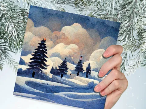 Winter Watercolour Card Impressionist Snow Scene with Trees Landscape Ski Hills Sun Blue Greetings for Family Friends Xmas 2026 Thank You - View 3