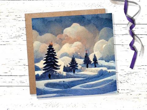Winter Watercolour Card Impressionist Snow Scene with Trees Landscape Ski Hills Sun Blue Greetings for Family Friends Xmas 2026 Thank You