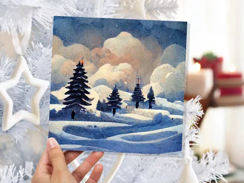 Winter Watercolour Card Impressionist Snow Scene with Trees Landscape Ski Hills Sun Blue Greetings for Family Friends Xmas 2026 Thank You - View 9