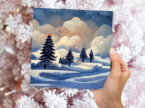 Winter Watercolour Card Impressionist Snow Scene with Trees Landscape Ski Hills Sun Blue Greetings for Family Friends Xmas 2026 Thank You - View 8