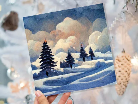 Winter Watercolour Card Impressionist Snow Scene with Trees Landscape Ski Hills Sun Blue Greetings for Family Friends Xmas 2026 Thank You - View 5