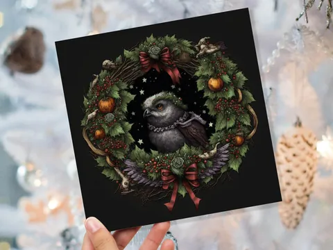 Pagan Yule Card – Owl Wreath