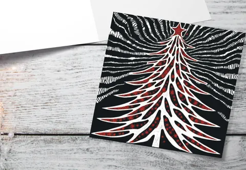 Linocut Christmas Tree Card Black White Red Retro Monochrome Magical Northern Lights Night Sky Greetings Cards For Family Friends Xmas 2026 - View 10