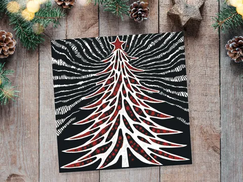 Linocut Christmas Tree Card Black White Red Retro Monochrome Magical Northern Lights Night Sky Greetings Cards For Family Friends Xmas 2026 - View 6
