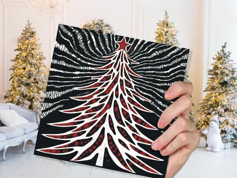 Linocut Christmas Tree Card Black White Red Retro Monochrome Magical Northern Lights Night Sky Greetings Cards For Family Friends Xmas 2026