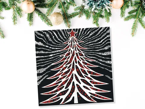 Linocut Christmas Tree Card Black White Red Retro Monochrome Magical Northern Lights Night Sky Greetings Cards For Family Friends Xmas 2026 - View 5