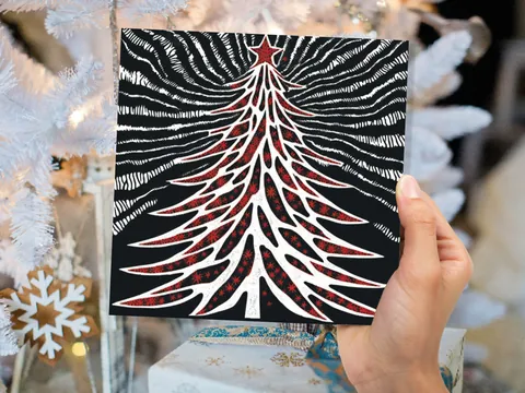 Linocut Christmas Tree Card Black White Red Retro Monochrome Magical Northern Lights Night Sky Greetings Cards For Family Friends Xmas 2026 - View 4