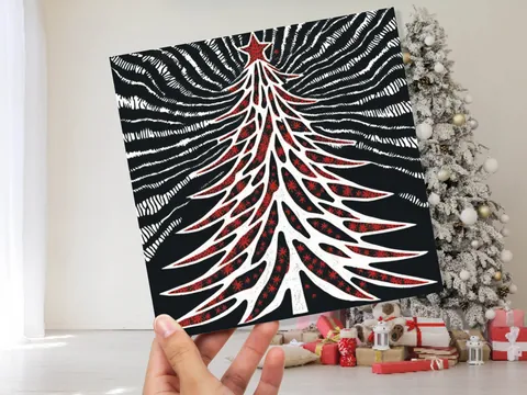 Linocut Christmas Tree Card Black White Red Retro Monochrome Magical Northern Lights Night Sky Greetings Cards For Family Friends Xmas 2026 - View 9