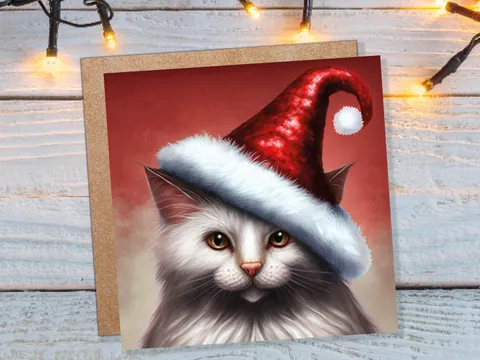 White Cat Christmas Card Long Haired Kitty Wearing Cute Red Santa Hat Festive with Amber Eyes Greetings Cards For Family Friends Xmas 2026 - View 2