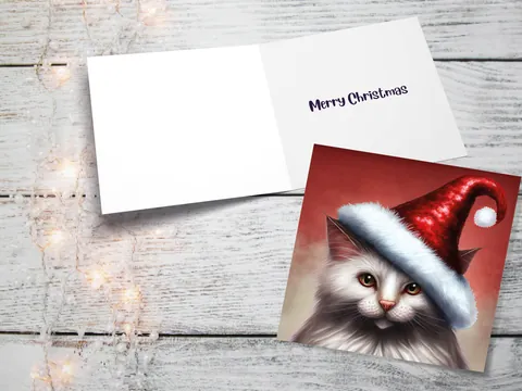 White Cat Christmas Card Long Haired Kitty Wearing Cute Red Santa Hat Festive with Amber Eyes Greetings Cards For Family Friends Xmas 2026 - View 10