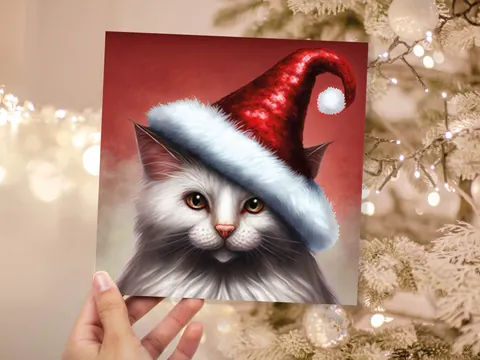White Cat Christmas Card Long Haired Kitty Wearing Cute Red Santa Hat Festive with Amber Eyes Greetings Cards For Family Friends Xmas 2026