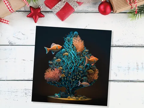 Coral Christmas Tree Card Underwater Ocean Scene Aqua Blue and Orange Sea Life Swim Fish Unique Greetings Cards For Family Friends Xmas 2026 - View 8