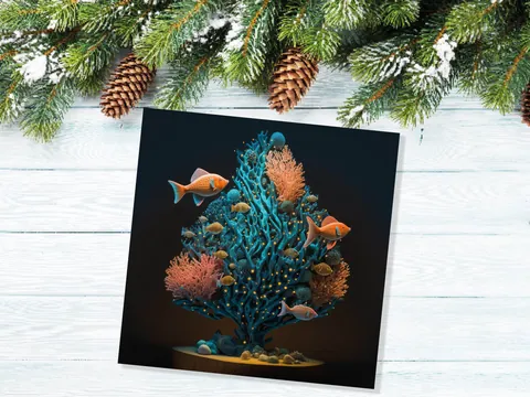 Coral Christmas Tree Card Underwater Ocean Scene Aqua Blue and Orange Sea Life Swim Fish Unique Greetings Cards For Family Friends Xmas 2026 - View 4