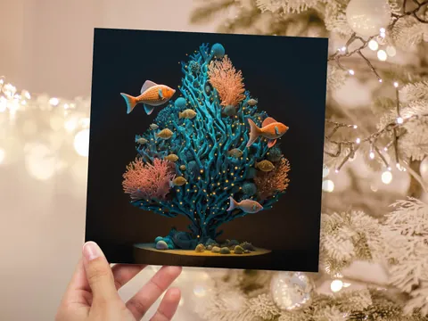 Coral Christmas Tree Card Underwater Ocean Scene Aqua Blue and Orange Sea Life Swim Fish Unique Greetings Cards For Family Friends Xmas 2026 - View 2