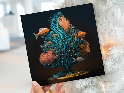 Coral Christmas Tree Card Underwater Ocean Scene Aqua Blue and Orange Sea Life Swim Fish Unique Greetings Cards For Family Friends Xmas 2026 - View 9