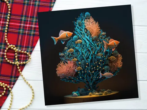 Coral Christmas Tree Card Underwater Ocean Scene Aqua Blue and Orange Sea Life Swim Fish Unique Greetings Cards For Family Friends Xmas 2026 - View 5