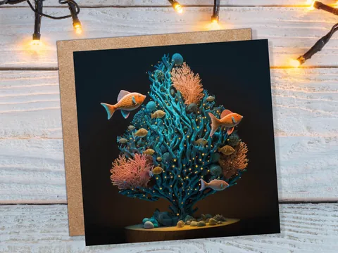 Coral Christmas Tree Card Underwater Ocean Scene Aqua Blue and Orange Sea Life Swim Fish Unique Greetings Cards For Family Friends Xmas 2026