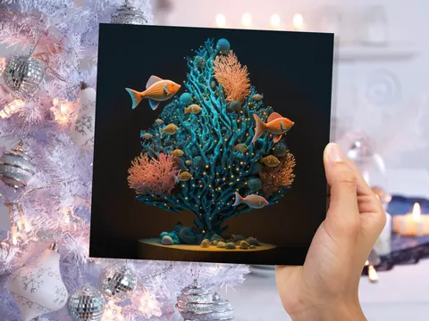 Coral Christmas Tree Card Underwater Ocean Scene Aqua Blue and Orange Sea Life Swim Fish Unique Greetings Cards For Family Friends Xmas 2026 - View 3
