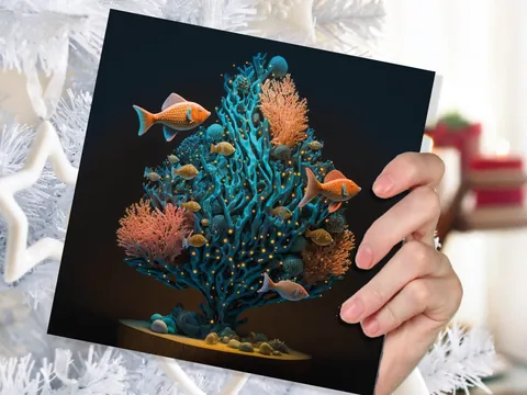 Coral Christmas Tree Card Underwater Ocean Scene Aqua Blue and Orange Sea Life Swim Fish Unique Greetings Cards For Family Friends Xmas 2026 - View 6