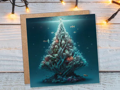Underwater Coral Tree Card Ocean Marine Scene Blue Under the Sea Life Swimming Fish Unique Greetings Cards For Family Friend Xmas 2026 Diver