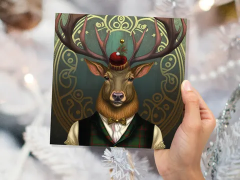 Dapper Deer Card Wearing Suit with Tartan Scottish Hat Tam o’ Shanter Scotland Greetings Cards For Family Best Friends Xmas 2026 Thank You - View 2