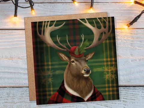 Dapper Deer Card – Green Tartan - View 2