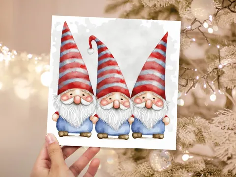 Cute Gonk Gnomes Christmas Card Red Blue White Watercolour Painting Pointy Hats and Beards Greetings Cards For Family Best Friends Xmas 2026 - View 2