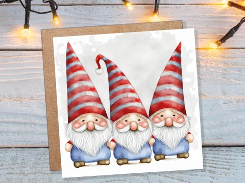 Cute Gonk Gnomes Christmas Card Red Blue White Watercolour Painting Pointy Hats and Beards Greetings Cards For Family Best Friends Xmas 2026