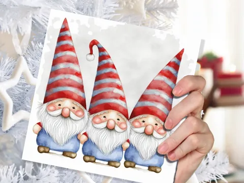 Cute Gonk Gnomes Christmas Card Red Blue White Watercolour Painting Pointy Hats and Beards Greetings Cards For Family Best Friends Xmas 2026 - View 7