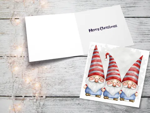 Cute Gonk Gnomes Christmas Card Red Blue White Watercolour Painting Pointy Hats and Beards Greetings Cards For Family Best Friends Xmas 2026 - View 3