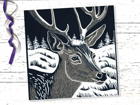 Linocut Deer Card – Black and White - View 6