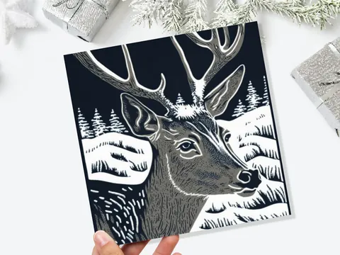 Linocut Deer Card – Black and White - View 9