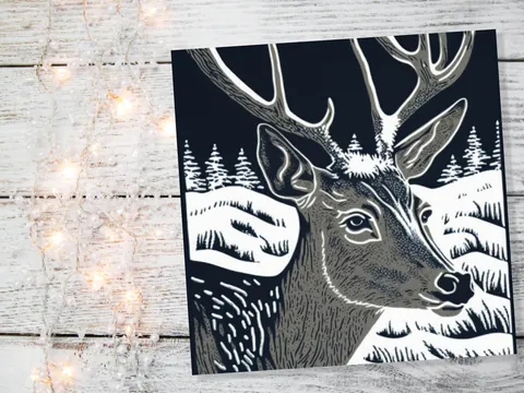 Linocut Deer Card – Black and White