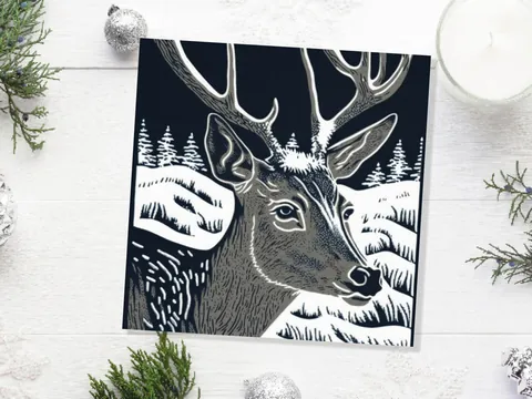 Linocut Deer Card – Black and White - View 8