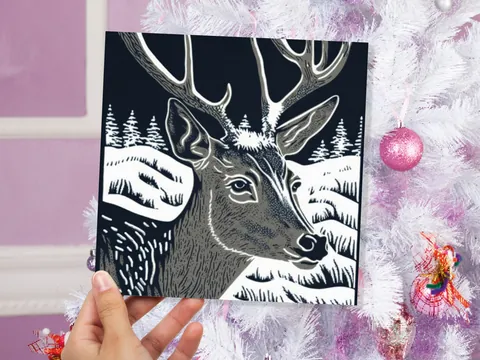 Linocut Deer Card – Black and White - View 4
