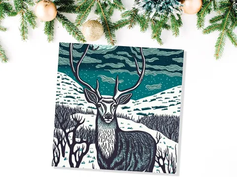 Linocut Deer Card – Blue Highlands - View 3