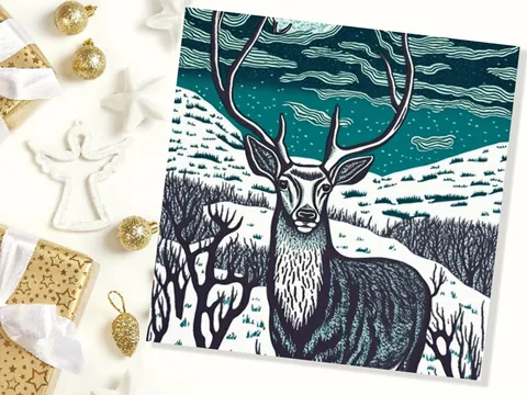 Linocut Deer Card – Blue Highlands - View 6