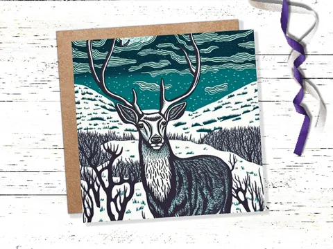 Linocut Deer Card – Blue Highlands