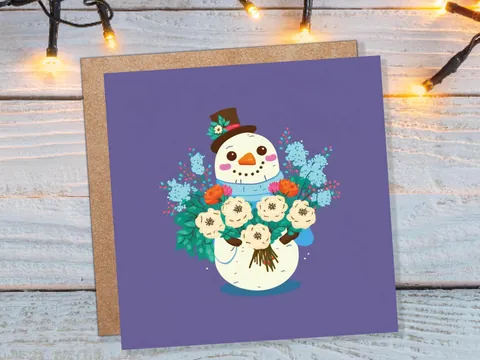 Purple Floral Snowman Christmas Card